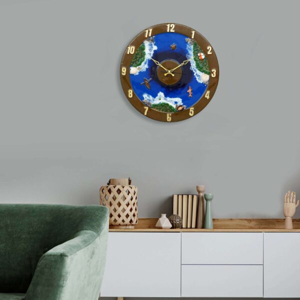 Exquisite Wooden Handmade Wall Clock Ocen Blue ith Green And White Printed Acrylic Wall Clock For Home & Office Decorative Big Size Clock (16 Inch) - Image 2