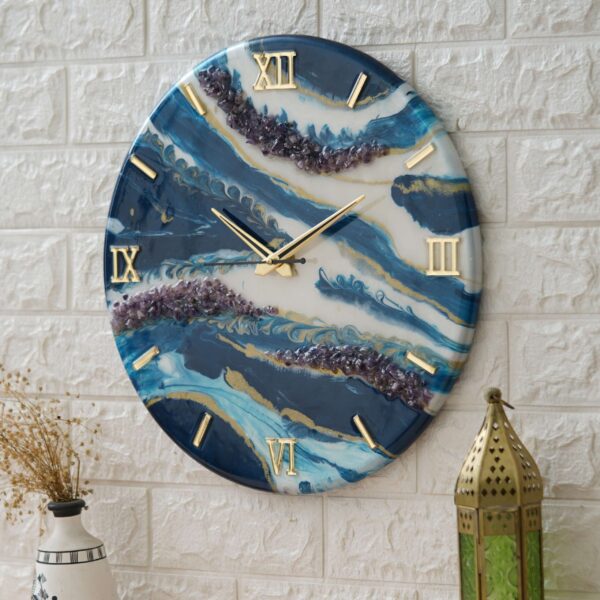 Exquisite Wooden Handmade Wall Clock Ocen Blue With White Golden Splash Printed Acrylic Wall Clock For Home & Office Decorative Big Size Clock (16 Inch)