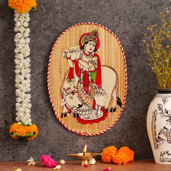 Oval Shaped Design Bamboo Hand Crafted Wall Hangings Of Krishna Ji With Holy Cow For Home Decor | Bamboo Art For Wall Decor - Image 3